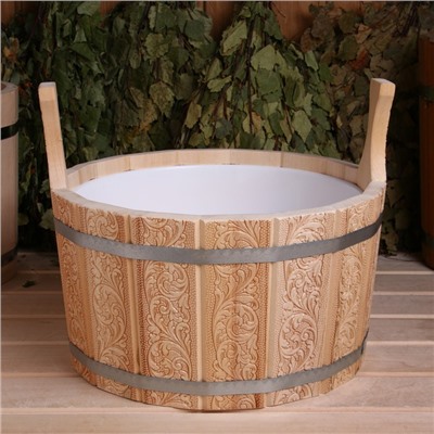 Шайка для бани и сауны «Русский узор», 8 л, деревянная, пластиковая вставка, «Добропаровъ»