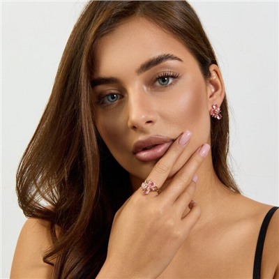 Комплект ювелирной бижутерии коллекция "Дубай" серьги и кольцо 18 р, покрытие позолота, вставка: стекло, цвет: розовый, арт.215.557-18