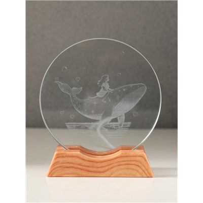 Световая фигурка стекло «Диск. Голограмма: Девочка и кит», 5×LED, d=10 см, USB, 10×4×11.4 см