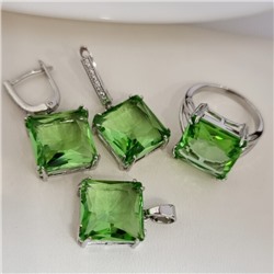 Комплект ювелирной бижутерии серьги, кулон и кольцо 20 р, покрытие посеребрение, вставка: фианит, цвет: светло-зеленый арт.313.153-20