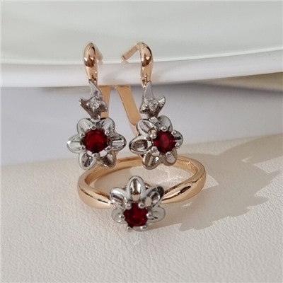 Комплект ювелирной бижутерии коллекция "Дубай" в форме цветов серьги и кольцо 19 р, покрытие позолота, вставка: фианиты, цвет: красный, арт.314.887-19