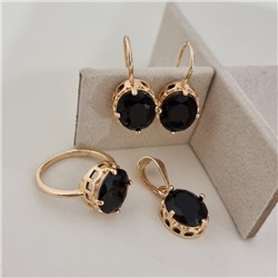 Комплект ювелирной бижутерии коллекция "Дубай" серьги, кулон и кольцо 18 р, покрытие позолота, вставка: стекло, цвет: черный, арт.217.506-18