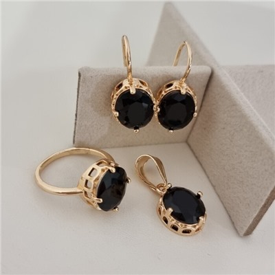 Комплект ювелирной бижутерии коллекция "Дубай" серьги, кулон и кольцо 20 р, покрытие позолота, вставка: стекло, цвет: черный, арт.217.506-20