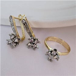 Комплект ювелирной бижутерии Итальянское золото (покрытие желтое 14к), серьги и кольцо 17 р, вставка: фианиты, цвет: прозрачный, арт.216.425-17