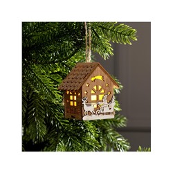 Ёлочная игрушка «Домик с Дедом Морозом на санках», 8×7×5.5 см, от батареек, свечение тёплое белое