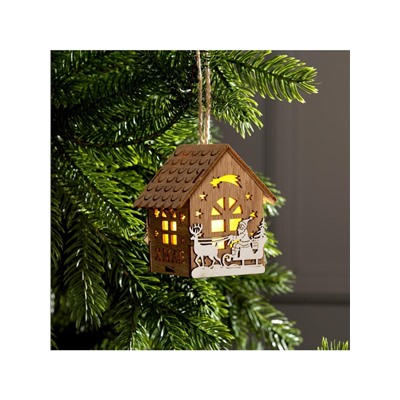 Ёлочная игрушка «Домик с Дедом Морозом на санках», 8×7×5.5 см, от батареек, свечение тёплое белое