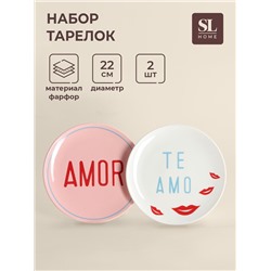 Тарелки SL Home «Уроки испанского: Amor - Te amo», d=22 см, набор 2 шт., фарфор, белые, розовые