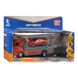 Машина металл KAMAZ Автовоз 20 см, (свет-звук, подвиж дет, машин, красн, в коробке