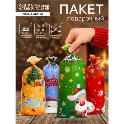 Пакет подарочный БОПП подарочный, «МИКС новогодний», 13×27.5 см