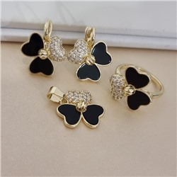 Комплект ювелирной бижутерии Итальянское золото (покрытие желтое 14к), серьги, кулон и кольцо 18 р, вставка: пластик и цирконы, цвет: черный и прозрачный, арт.217.522-18