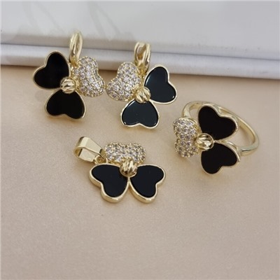 Комплект ювелирной бижутерии Итальянское золото (покрытие желтое 14к), серьги, кулон и кольцо 20 р, вставка: пластик и цирконы, цвет: черный и прозрачный, арт.217.522-20