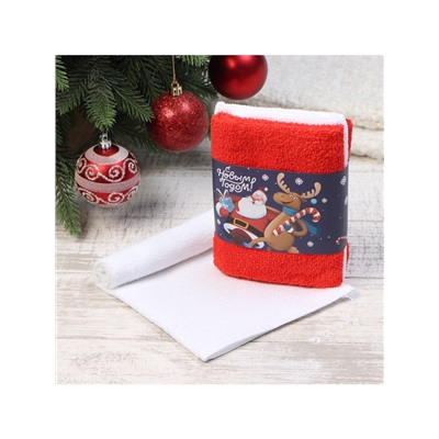 Набор новогодних махровых полотенец «Этель. Новогодний дуэт», 30×30 см - 3 штуки, хлопок 100%