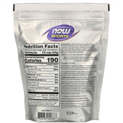Now Foods, Sports, Keto Protein with MCT Powder, Vanilla Cream, 1 lb (454 g)