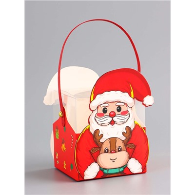 Складная коробка PVC с ручками, подарочная новогодняя, «Санта и подарки», 9×9×9.5 см