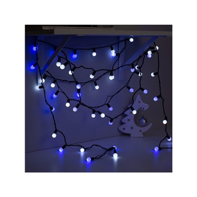 Гирлянда «Нить» 10 м с насадками «Шарики 1.5 см», IP44, тёмная нить, 100 LED, свечение бело-синее, мигание, 220 В