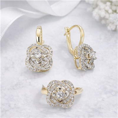 Комплект ювелирной бижутерии Итальянское золото (покрытие желтое 14к), серьги и кольцо 20 р, вставка: фианиты, цвет: прозрачный, арт.007.350-20