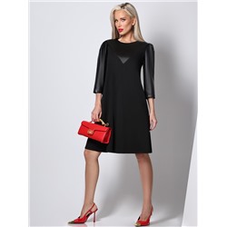 Платье черное с рукавами и кокеткой из экокожи