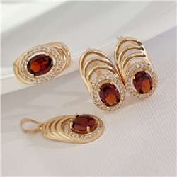 Комплект ювелирной бижутерии коллекция "Дубай" серьги, кулон и кольцо 18 р, покрытие позолота, вставка: фианиты и цирконы, цвет: красный и прозрачный, арт.215.448-18