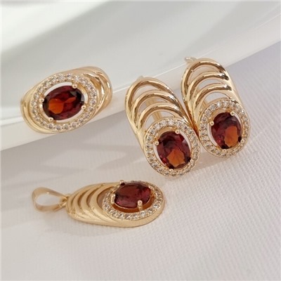 Комплект ювелирной бижутерии коллекция "Дубай" серьги, кулон и кольцо 20 р, покрытие позолота, вставка: фианиты и цирконы, цвет: красный и прозрачный, арт.215.448-20