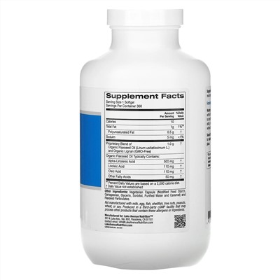 Lake Avenue Nutrition, органическое льняное масло холодного отжима с лигнанами, без гексана, 360 растительных капсул