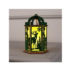 Ёлочная игрушка «Зелёный фонарь с оленем», 13×9×9 см, от батареек, свечение тёплое белое