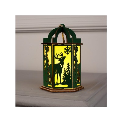 Ёлочная игрушка «Зелёный фонарь с оленем», 13×9×9 см, от батареек, свечение тёплое белое