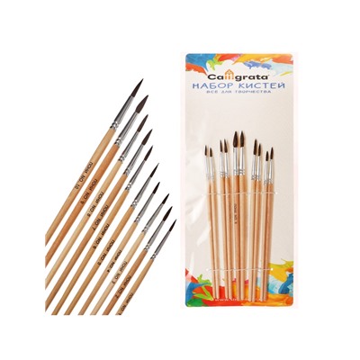 Набор кистей для рисования, пони, 10 штук: № 1, 2, 3, 4, 5, 6, 7, 8, 9, 10, круглые, деревянная ручка, международный размер