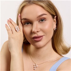 Комплект ювелирной бижутерии коллекция "Дубай" серьги, кулон и кольцо 17 р, покрытие позолота, вставка: цирконы и искусственный жемчуг, цвет: прозрачный и жемчужный, арт.313.331-17