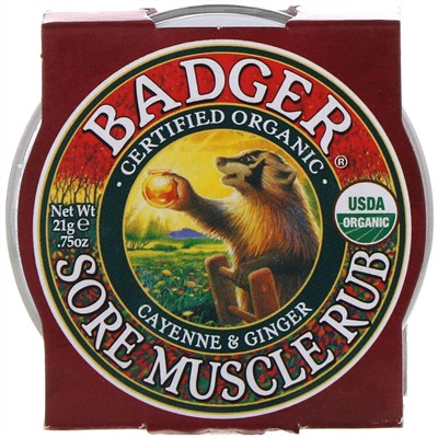 Badger Company, Sore Muscle Rub, мазь от боли в мышцах с кайенским перцем и имбирем, 21 г (0,75 унции)
