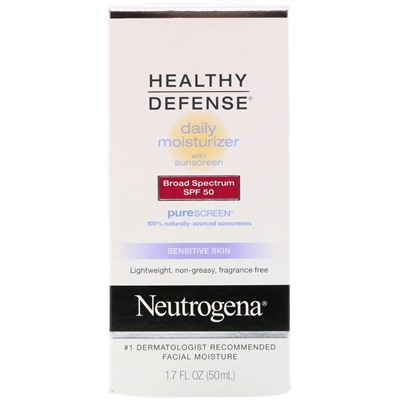 Neutrogena, Healthy Defense, дневной увлажняющий солнцезащитный крем широкого спектра защиты для чувствительной кожи, SPF 50, 50 мл (1,7 жидк. унции)
