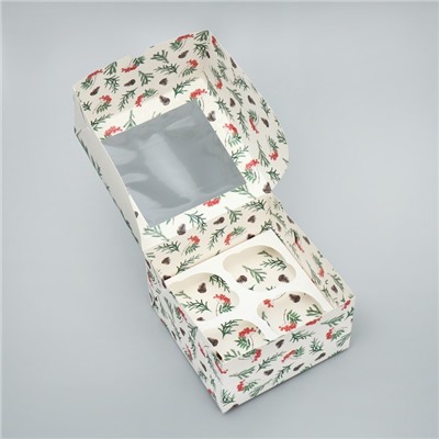 Коробка для капкейков двусторонняя «Новый год: Снегири», 16×16×10 см