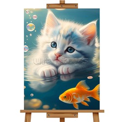 Мозаика алмазная "Котенок и золотая рыбка" 20*30см.
