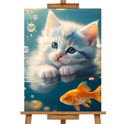 Мозаика алмазная "Котенок и золотая рыбка" 20*30см.