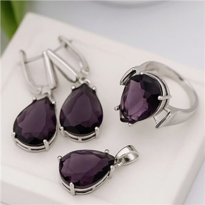 Комплект ювелирной бижутерии серьги, кулон и кольцо 20 р, покрытие: посеребрение, вставка: фианит, цвет: фиолетовый, арт.213.897-20