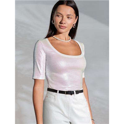 Футболка облегающая из хлопка в рубчик с U вырезом и матовым покрытием металлик