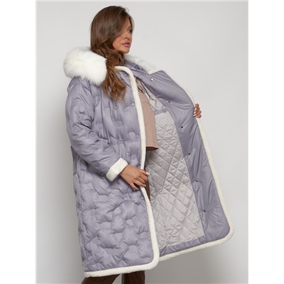 Пальто утепленное с капюшоном зимнее женское серого цвета 132290Sr