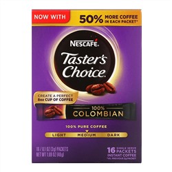 Nescafé, Taster's Choice, растворимый кофе, 100% колумбийский, 16 порционных пакетиков, по 0,1 унции (3 г) каждый