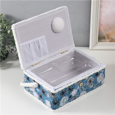 Шкатулка для рукоделия и шитья «Чёрно-белые цветы на голубом», хранение ниток, иголок, мелочи, 24×16×11 см