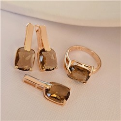 Комплект ювелирной бижутерии коллекция "Дубай"серьги, кулон и кольцо 18 р, покрытие позолота, вставка: фианит, цвет: коричневый, арт.216.414-18