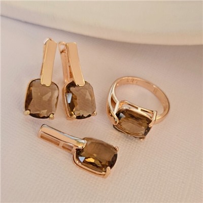 Комплект ювелирной бижутерии коллекция "Дубай"серьги, кулон и кольцо 20 р, покрытие позолота, вставка: фианит, цвет: коричневый, арт.216.414-20