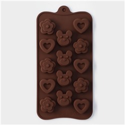 Форма для конфет и шоколада Доляна «Мишка, цветок, сердце», силикон, 19.7×10.5×1.5 см, 14 ячеек, коричневая