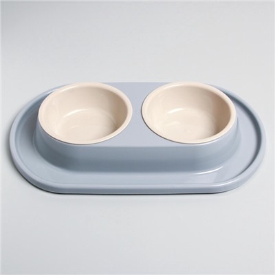 Миска двойная для животных «Мур-мяу», 300 мл, на подставке, пластик, серая