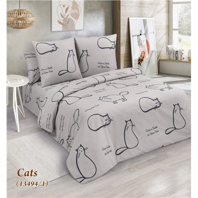 Постельное белье из поплина Cats светлый