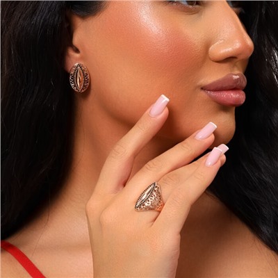 Комплект украшений ювелирная бижутерия Дубайское золото серьги и кольцо 17,5 р, покрытие позолота, вставка: фианит, цвет: черный, арт.215.308-17,5