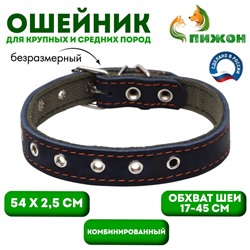 Ошейник комбинированный, безразмерный, 54×2.5 см, ОШ 17-45 см, кожа, брезент, синий