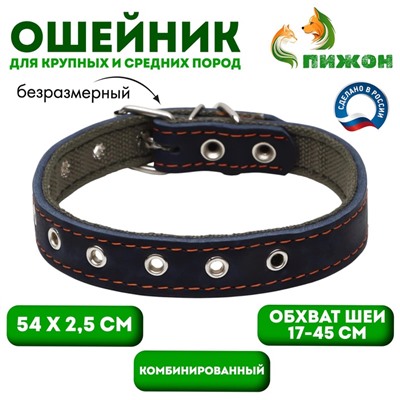 Ошейник комбинированный, безразмерный, 54×2.5 см, ОШ 17-45 см, кожа, брезент, синий
