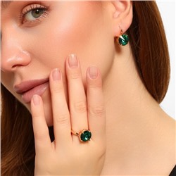 Комплект ювелирной бижутерии Дубайское золото с крупным камнем, серьги и кольцо 17 р, покрытие позолота, цвет: зеленый, арт.314.109-17