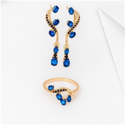 Комплект ювелирной бижутерии коллекция "Дубай" серьги и кольцо 17 р, покрытие позолота, вставка: фианиты, цвет: синий, арт.215.406-17