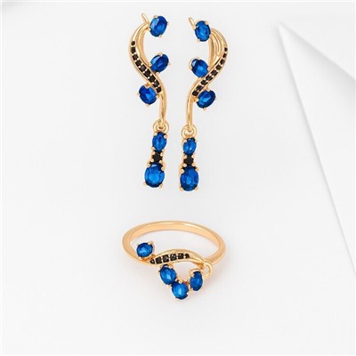 Комплект ювелирной бижутерии коллекция "Дубай" серьги и кольцо 18 р, покрытие позолота, вставка: фианиты, цвет: синий, арт.215.406-18