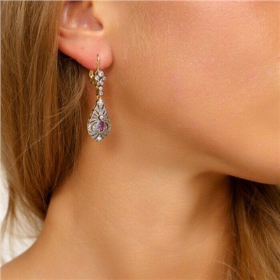 Комплект ювелирной бижутерии Итальянское золото (покрытие желтое 14к), серьги висячие и кольцо 17 р, покрытие позолота и посеребрение, вставка: фианиты, цвет: прозрачный и сиреневый, арт. 213.038-16